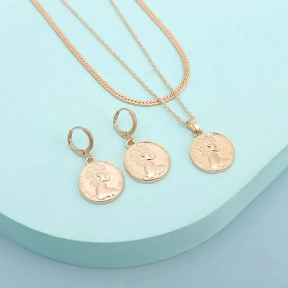Minimalist Gold Coin Chain Necklace & Earring Set - Picture 2 of 6
